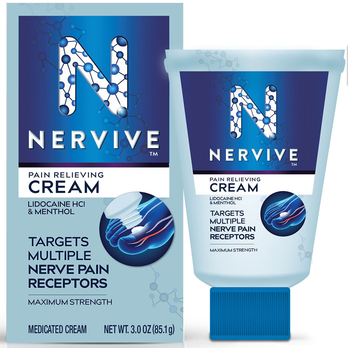 Nervive Pain Relieving Cream, Max Strength Topical Nerve Pain Reliever with Lidocaine and Menthol for Toes, Feet, Fingers, Hands, Legs & Arms, 3 OZ