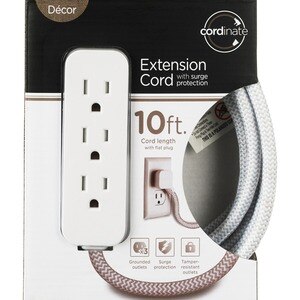 Cordinate Extension Cord 3 Outlets with Surge Protection, 10 ft, Gray/White