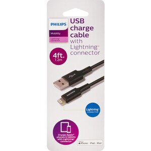 Philips USB to Lightning Cable, 4ft, Basic, Black