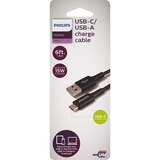 Philips USB-A to USB-C Cable, 6 ft, 15 w, Black, thumbnail image 1 of 3