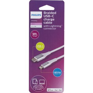 Philips USB-C to Lightning Cable, 3 ft, Braided, White