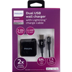 Philips AC Charger with USB A-C Cable, 2 Ports, 2.4A, 6ft Braided, Black