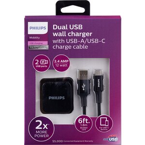 Philips Dual USM Wall Chager With USA-A/USB-C Charge Cable, Black , CVS