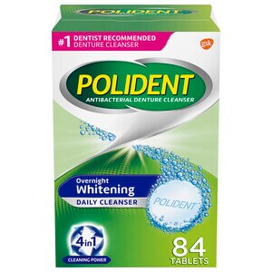 Polident Overnight Whitening - Limpiador antibacteriano y blanqueador para prótesis dental en tabletas efervescentes, 84 u.