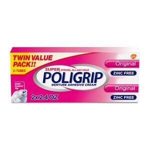  Super Poligrip Original Formula Zinc Free Denture and Partials Adhesive Cream, 2.4 OZ Twin pack (4.8 OZ total) 