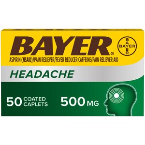 Bayer Headache Aspirin 500mg Coated Tablets, Pain Reliever with 32.5mg Caffeine, 50 CT