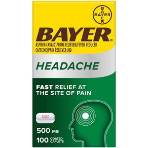 Bayer Headache Coated Aspirin 500mg Pain Relief and Fever Reduction, Caffeine 32.5mg Tablets, 100 CT