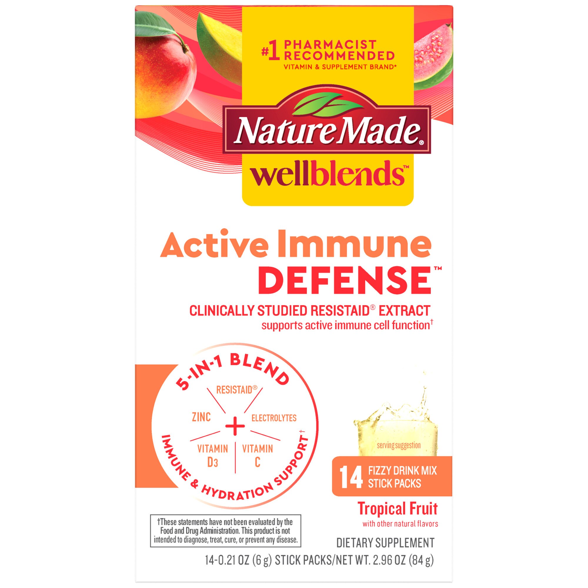Nature Made Wellblends Active Immune Defense Fizzy Drink Mix, ResistAid, Vitamin C, Vitamin D, Zinc, and Electrolytes Powder, 14 CT