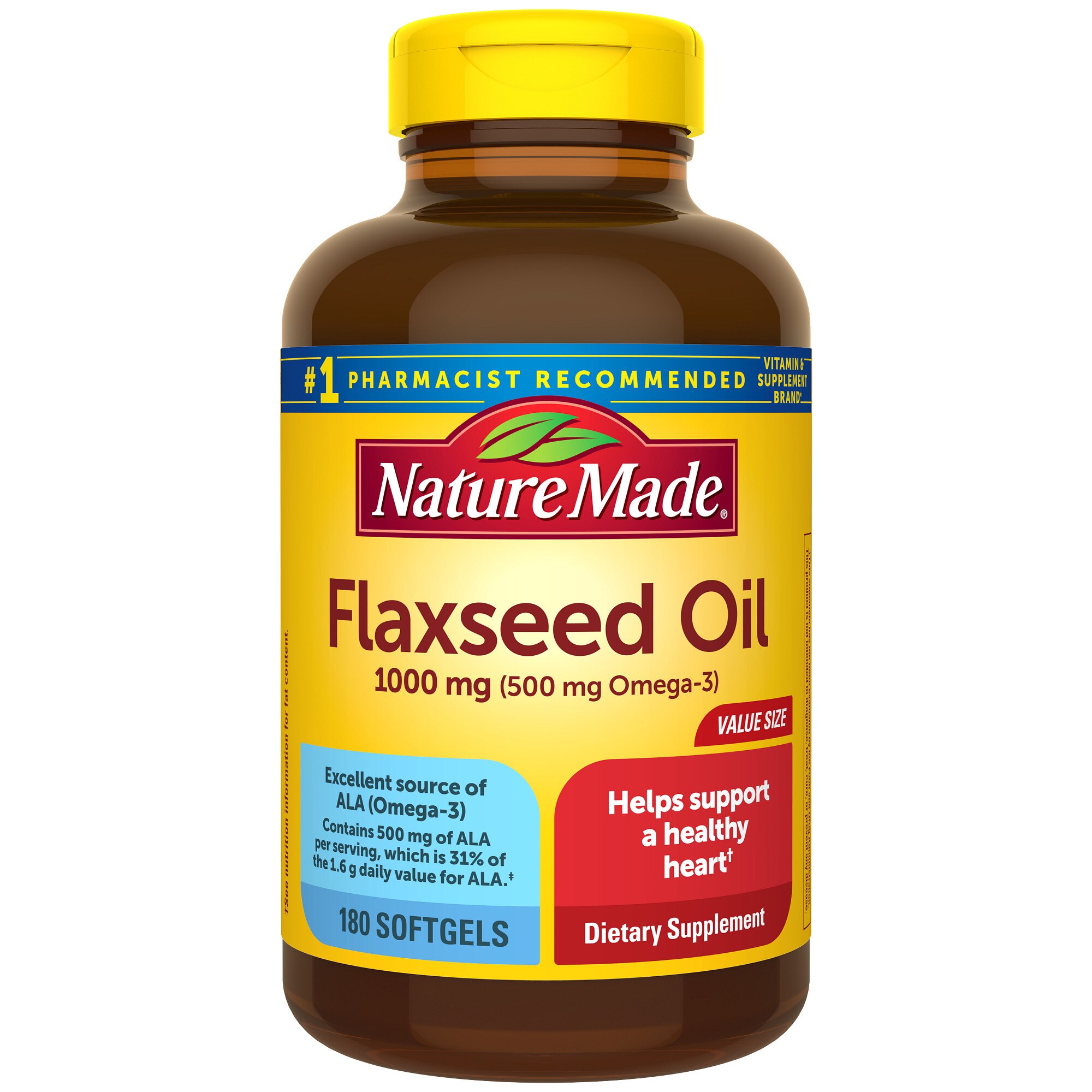Nature Made Flaxseed Oil 1000 mg Heart Health Support Softgels, 180 CT