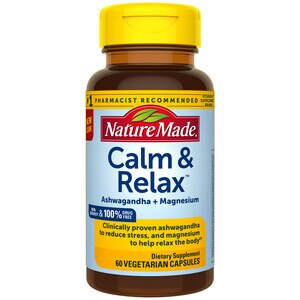Nature Made Calm & Relax - Magnesio de 300 mg y ashwagandha de 125 mg para el alivio del estrés, 60 u.
