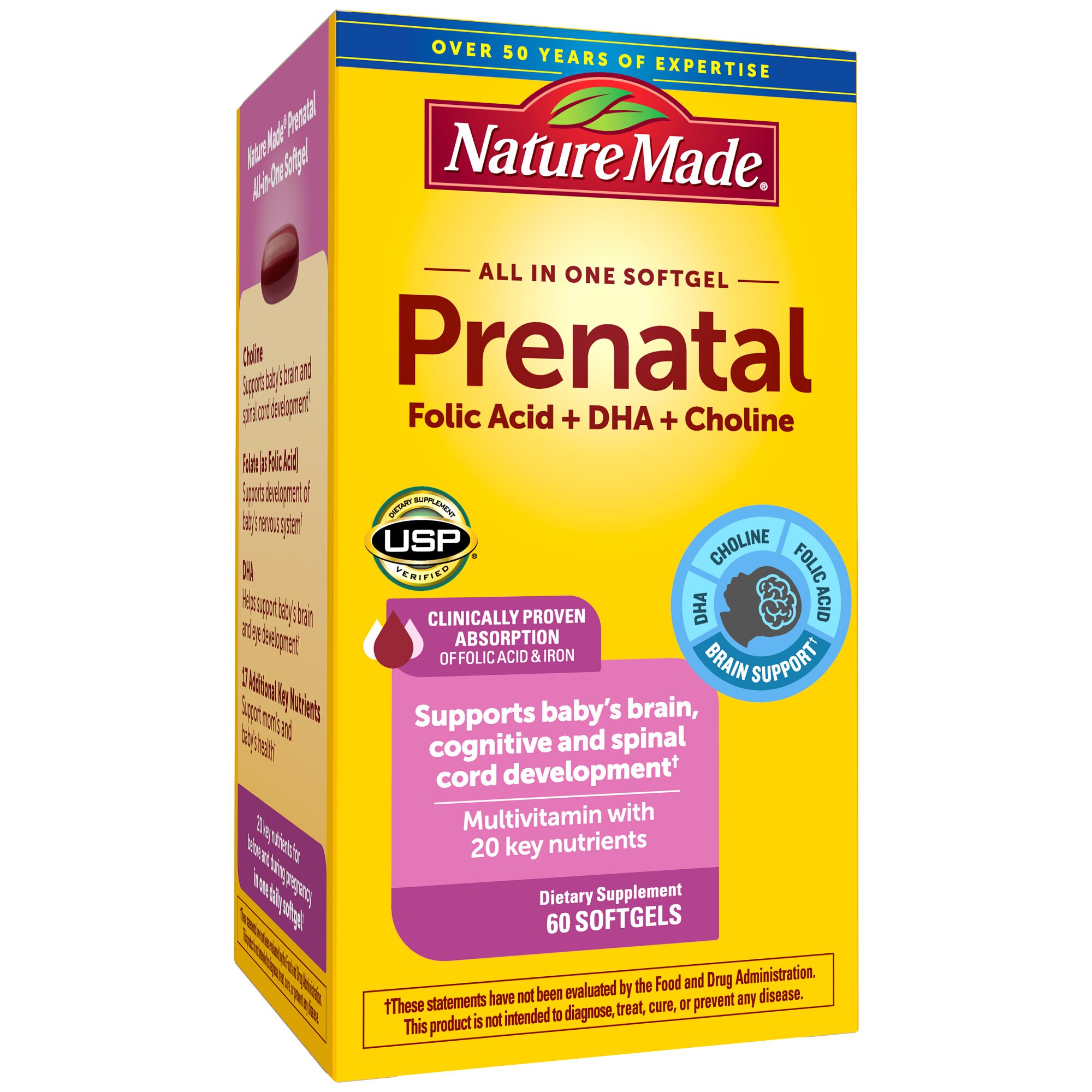 Nature Made Prenatal Softgels with Folic Acid, DHA & Choline, 60 CT