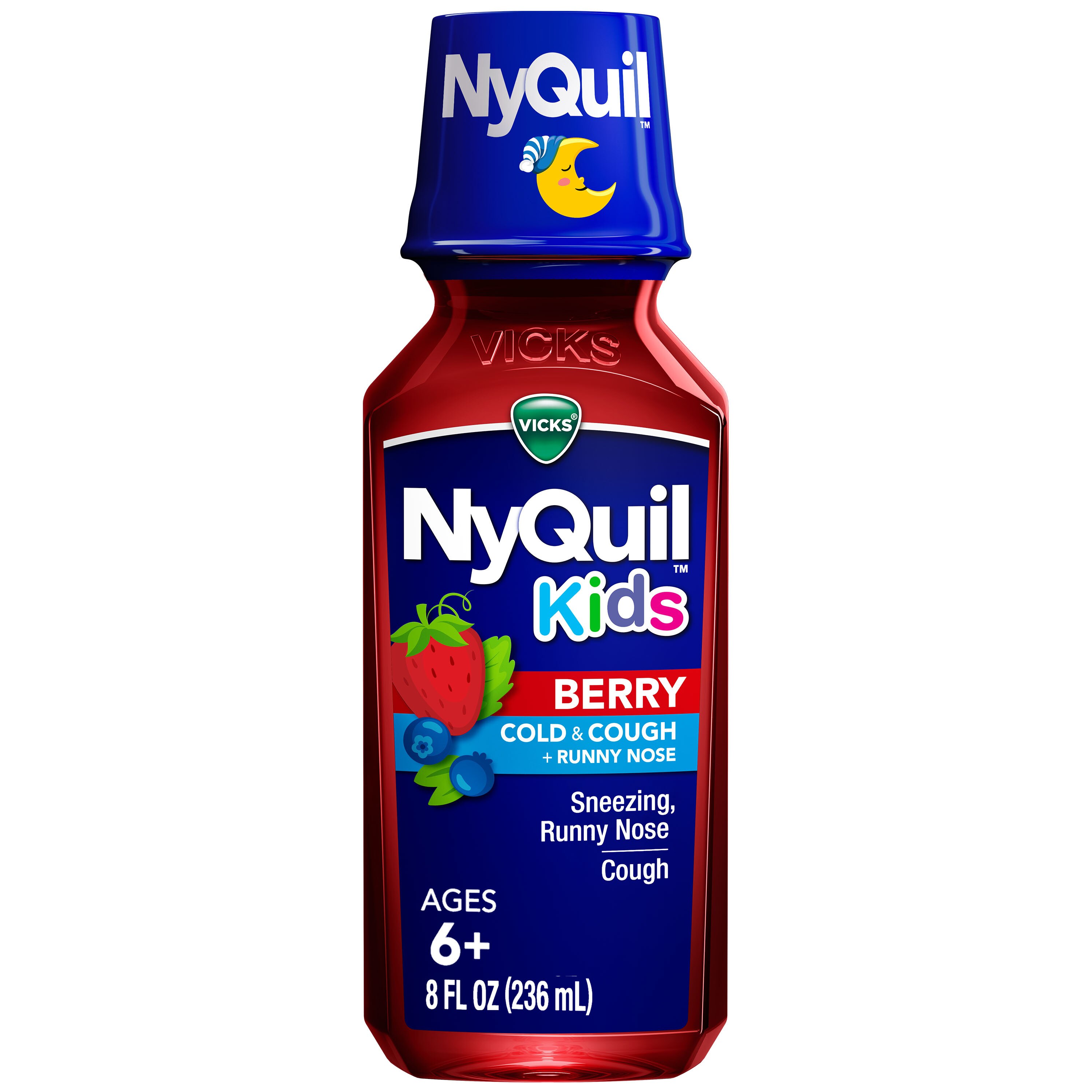 Vicks Children's NyQuil, Nighttime Cold & Cough Multi-Symptom Relief, Relieves Sneezing, Runny Nose, Cough, 8 Fl Oz, Berry Flavor