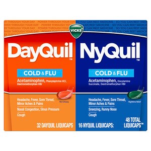 Vicks DayQuil y NyQuil Cough, Cold & Flu Relief - Combo de jarabes para el alivio de la tos, resfriado y gripe, día/noche, 48 cápsulas líquidas (32 DayQuil, 16 NyQuil) - Alivia el dolor de garganta, fiebre y congestión