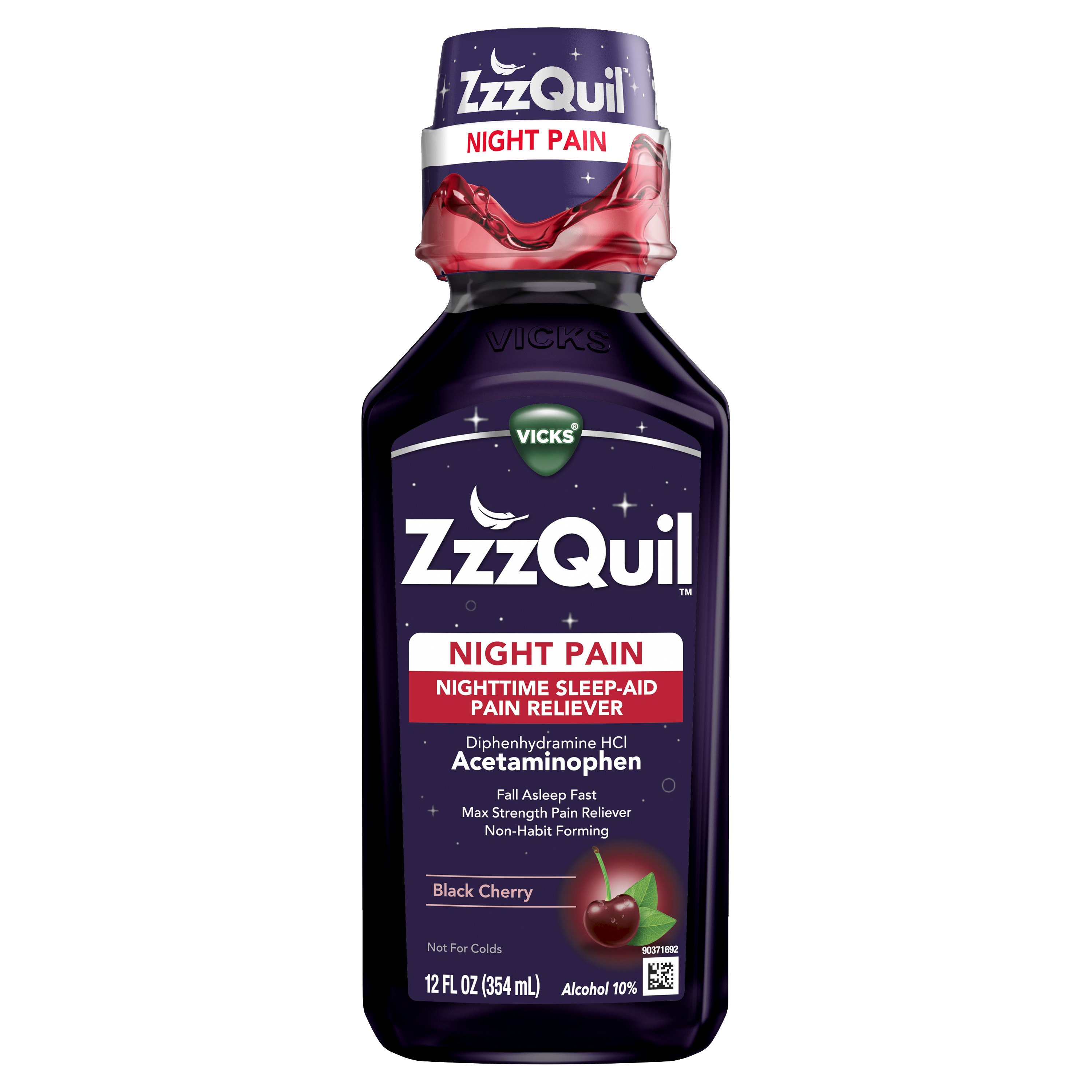 Vicks ZzzQuil Night Pain Liquid, Nighttime Sleep Aid Pain Reliever, Black Cherry, 12 FL OZ