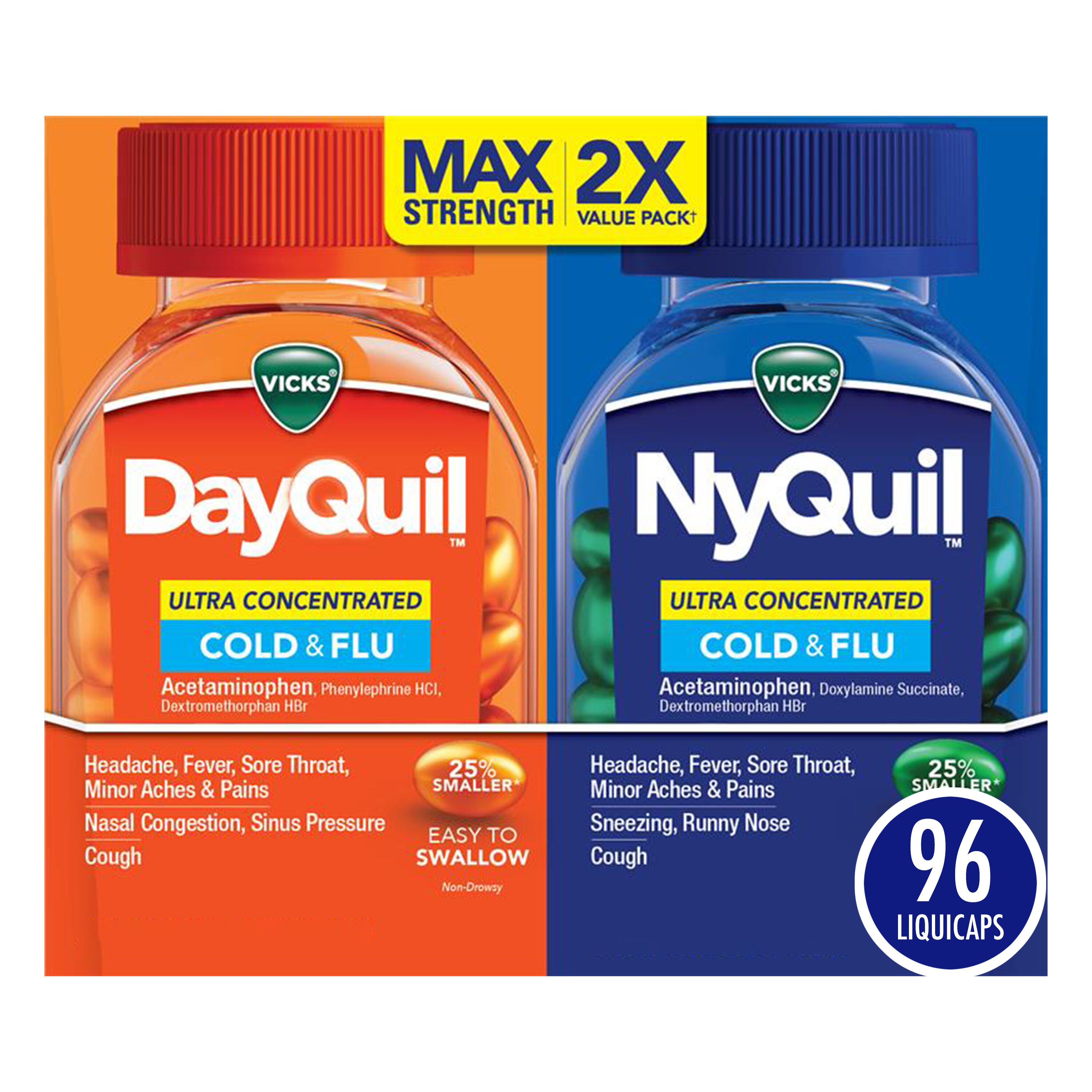 Vicks DayQuil & NyQuil Combo Pack, Ultra Concentrated Cold and Flu Medicine, Daytime & Nighttime LiquiCaps, 96 CT