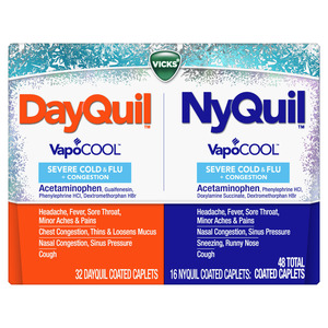 DayQuil and NyQuil SEVERE with Vicks VapoCOOL Cough, Cold & Flu Relief, 48 Caplets (32 DayQuil & 16 NyQuil) – Relieves Sore Throat, Fever, and Congestion, Day or Night