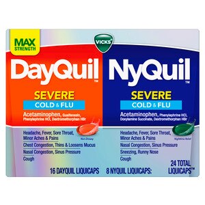 DayQuil And NyQuil SEVERE With Vicks VapoCOOL Cough, Cold & Flu Relief, 24 Caplets (16 DayQuil & 8 NyQuil) - Relieves Sore Throat, Fever, And Congesti