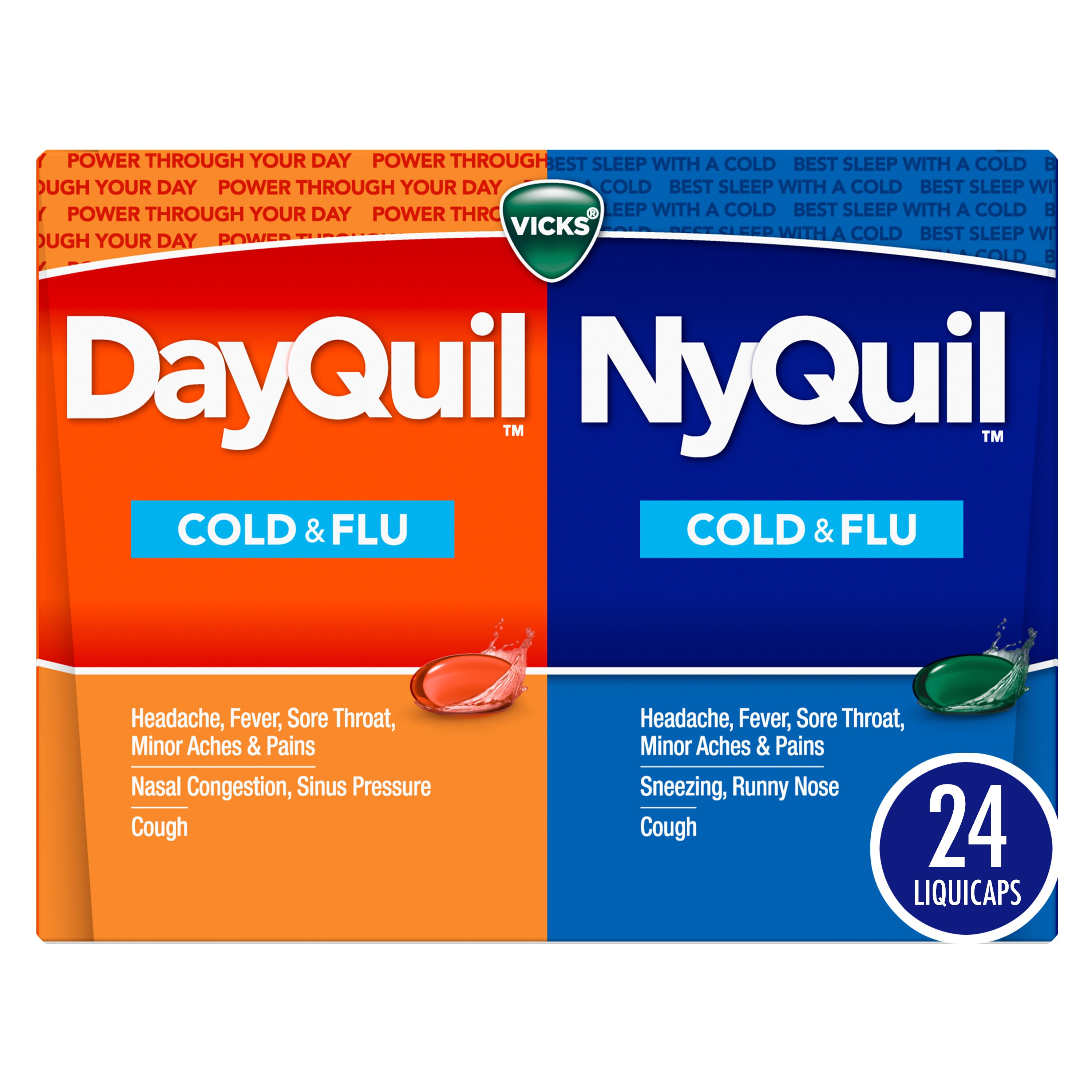 Vicks DayQuil and NyQuil Cold, Flu and Congestion Medicine, 24 LiquiCaps Convenience Pack, Relieves Cough, Sore Throat, Fever, Runny Nose, Daytime and Nighttime