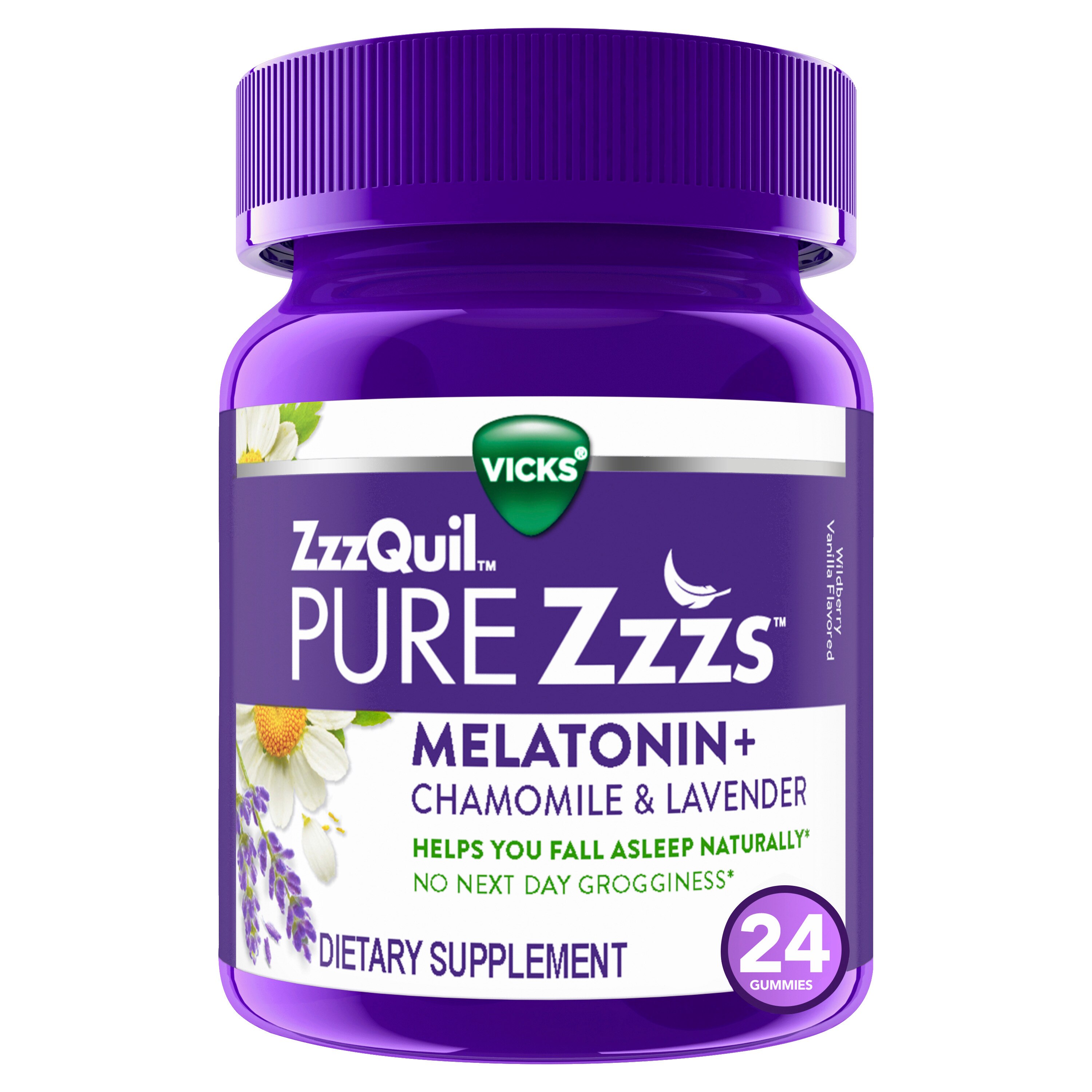 Vicks ZzzQuil PURE Zzzs Melatonin Natural Flavor Sleep Aid Gummies with Chamomile, Lavender, & Valerian Root, 1mg per gummy