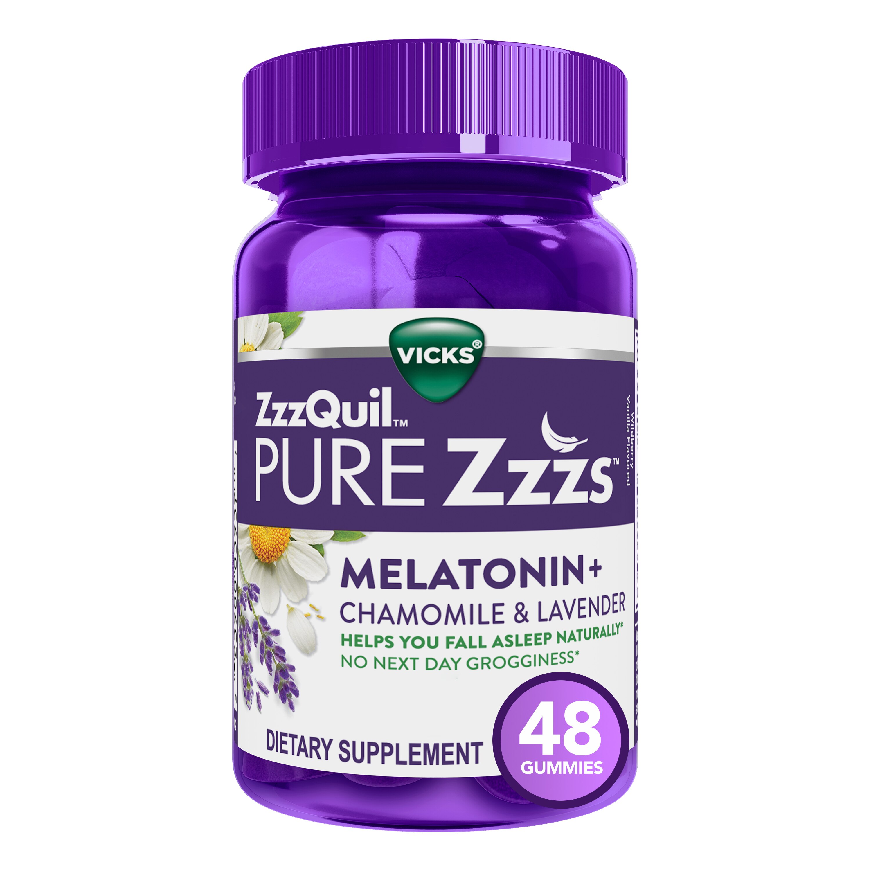 ZzzQuil PURE Zzzs Melatonin Sleep Aid Gummies, Wildberry Vanilla Flavor, Chamomile Lavender & Valerian Root, 1mg per gummy