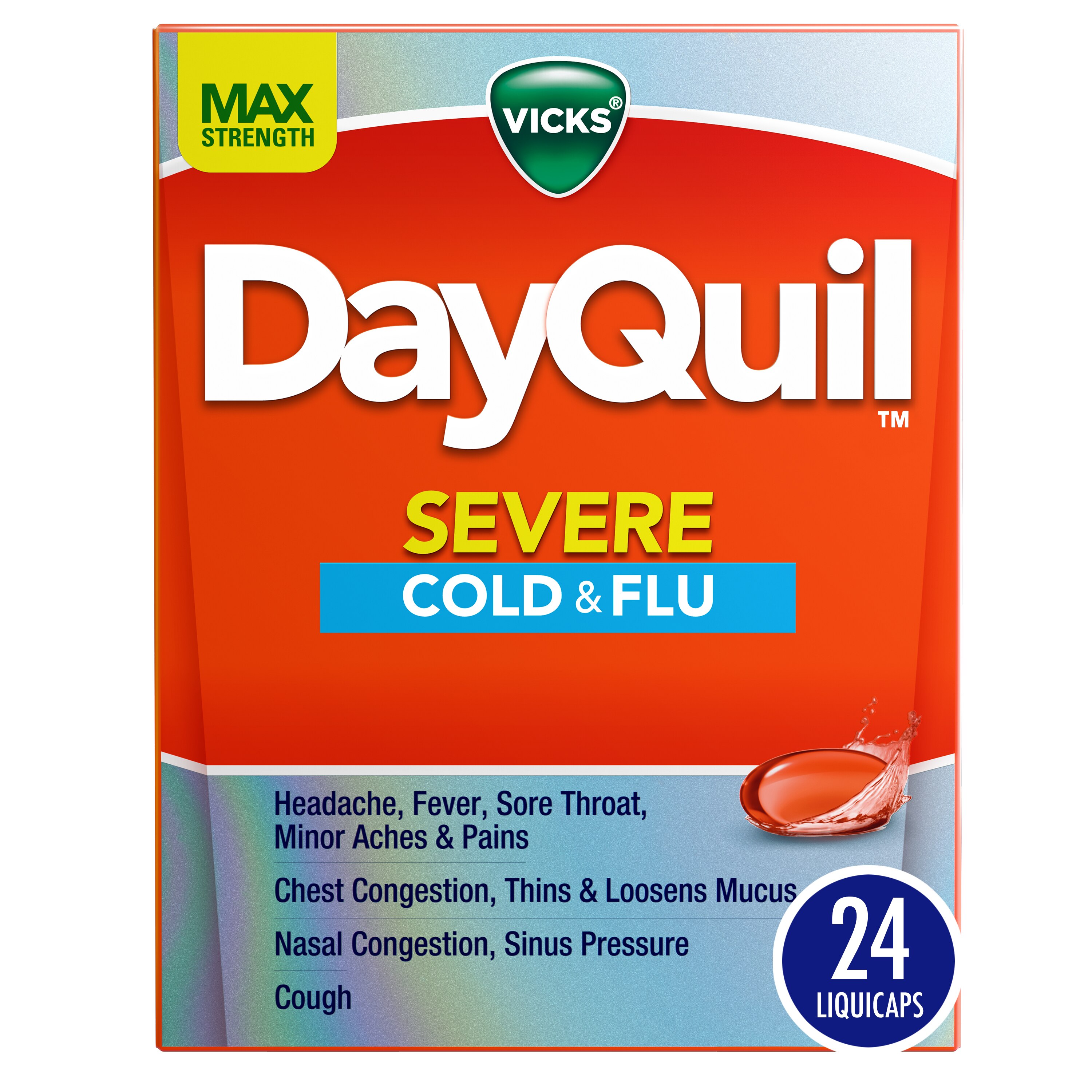 Vicks DayQuil SEVERE Cold, Flu and Congestion Medicine Liquicaps, Maximum Strength - Relieves Cough, Sore Throat, Fever, Chest Congestion, 24 CT