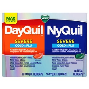 Vicks DayQuil and NyQuil SEVERE Cold, Flu and Congestion Medicine LiquiCaps Convenience Pack - Relieves Cough, Sore Throat, Congestion, Fever and Runny Nose, Daytime & Nighttime, 48 CT