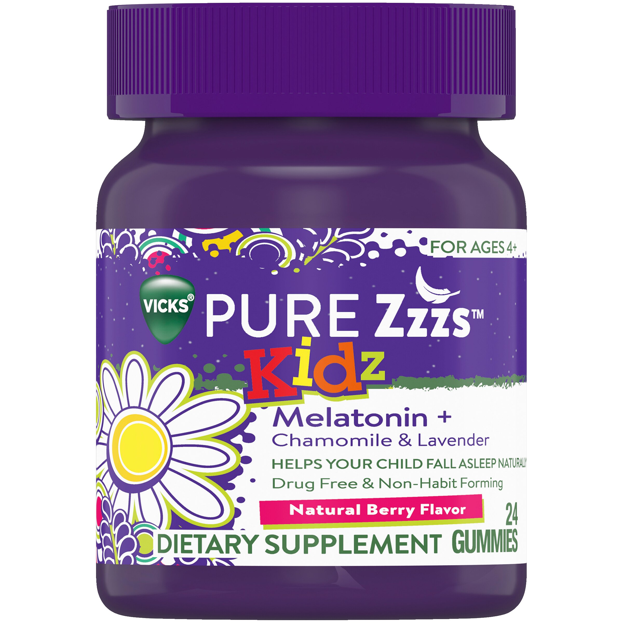 Vicks PURE Zzzs Kidz Melatonin Lavender & Chamomile Sleep Aid Gummies for Kids & Children, Natural Berry Flavor, 0.5mg per gummy