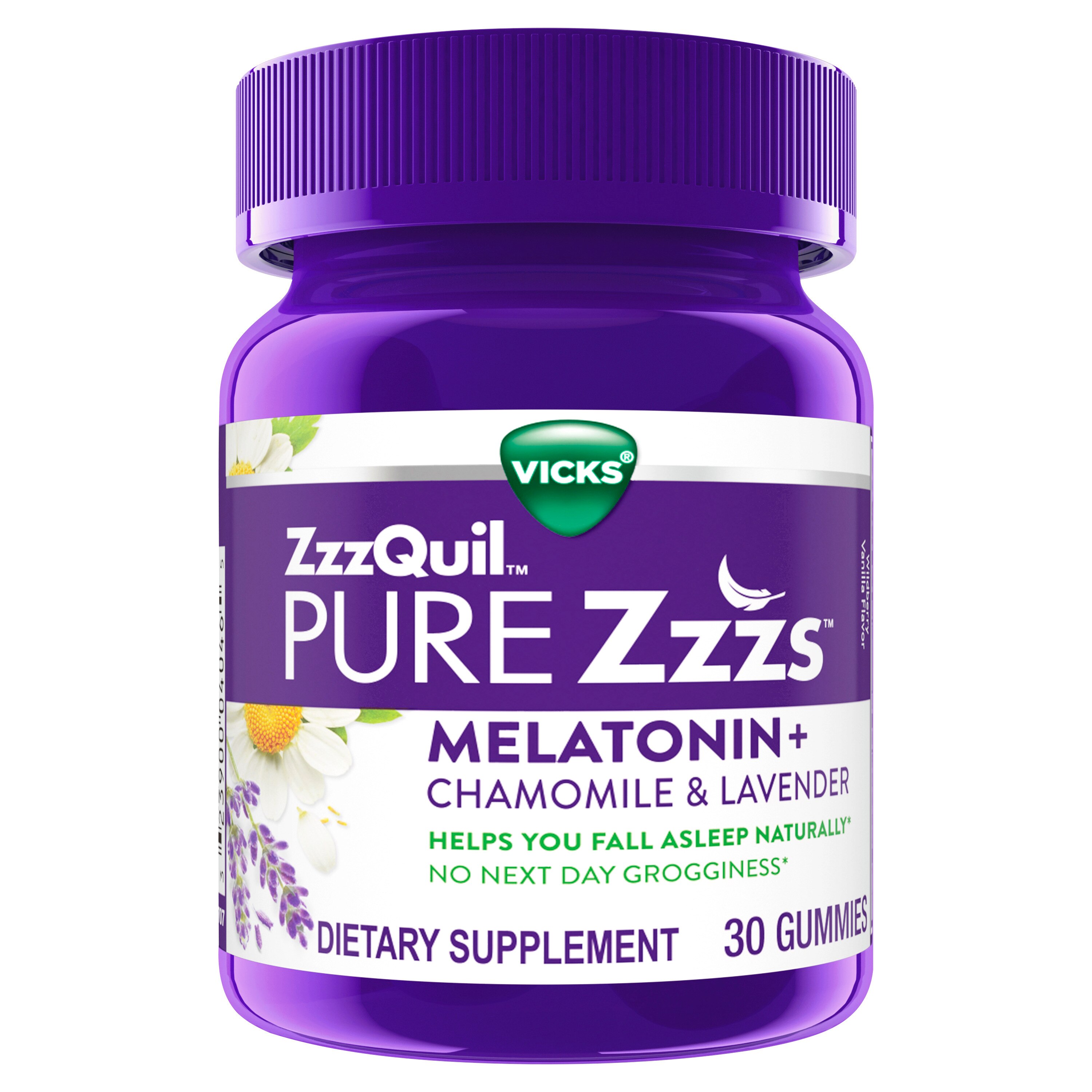 ZzzQuil PURE Zzzs Melatonin Sleep Aid Gummies, Wildberry Vanilla Flavor, Chamomile Lavender & Valerian Root, 1mg per gummy