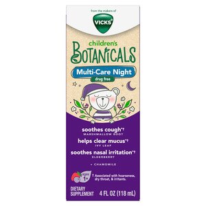 Vicks Children's Botanicals Multi-Care Drug Free Night Medicine, Cough Syrup + Mucus + Nasal, Berry Flavor, Ages 1+, 4 OZ