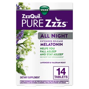 ZzzQuil PURE Zzzs ALL NIGHT Extended Release Melatonin Sleep Aid with Lavender & Valerian Root, 2mg Melatonin Per Serving