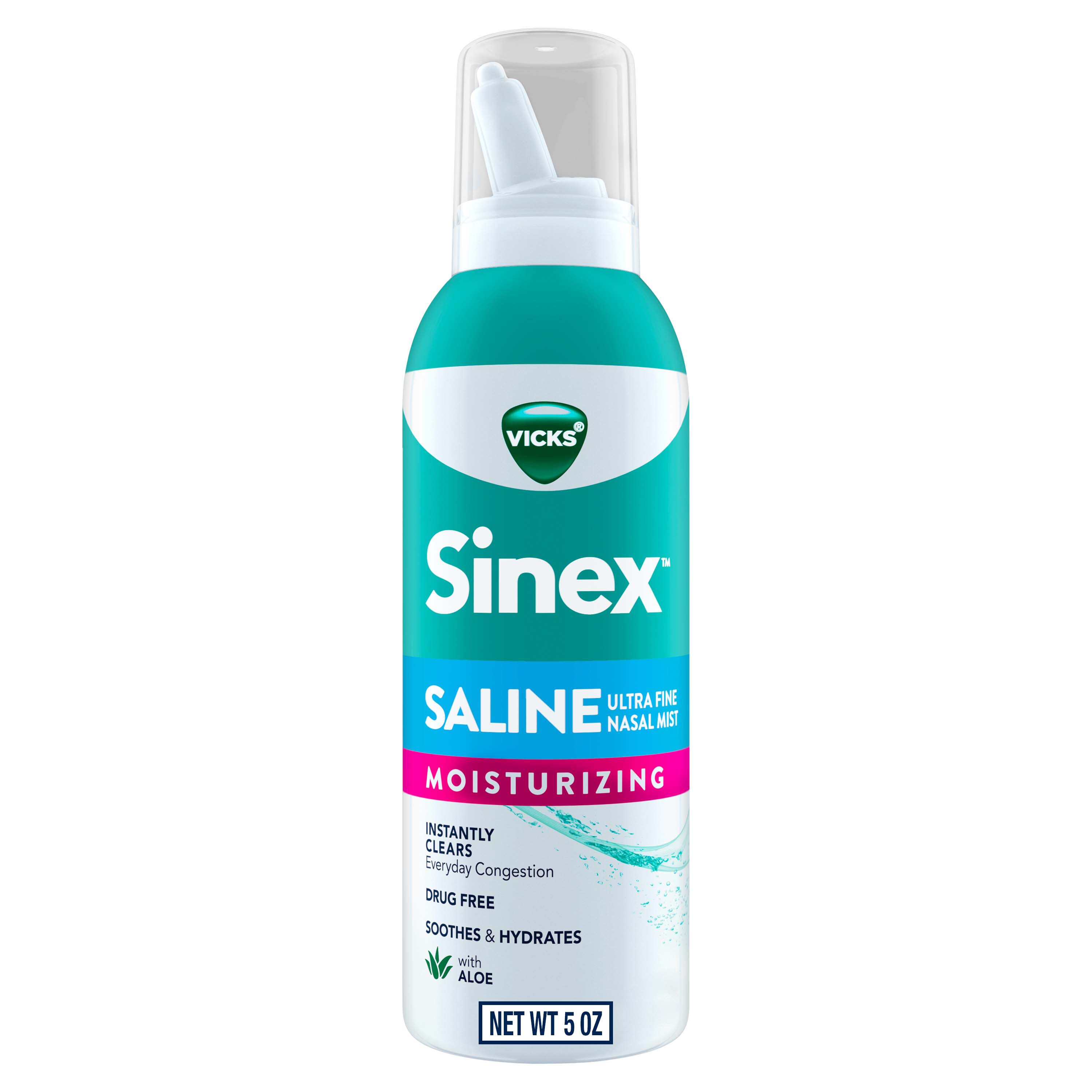 VICKS Sinex Moisturizing Saline Nasal Spray, Gentle Ultra-Fine Nasal Mist, Drug-Free Everyday Sinus Congestion Relief, 5 OZ