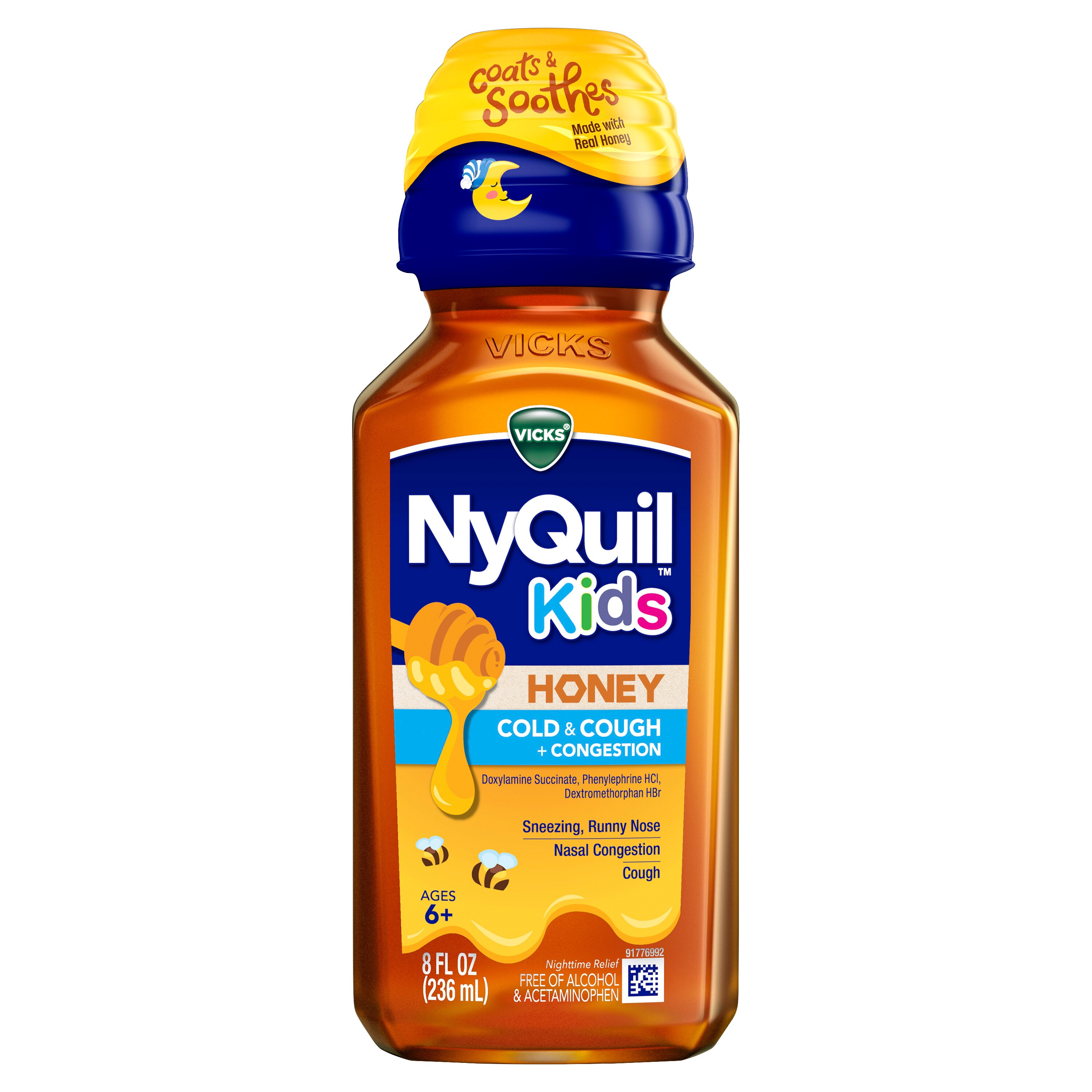 Vicks NyQuil Kids Cold and Cough + Congestion  Relief Made With Real Honey For Kids 6+, 8 OZ