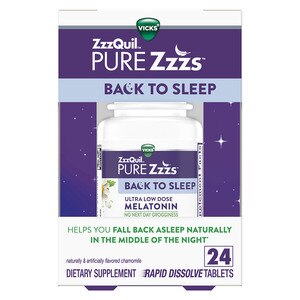 Vicks ZzzQuil PURE Zzzs Back to Sleep, Low Dose Melatonin 0.3mg, Rapid Dissolve Tablets, Designed For Middle of the Night Use, 24 CT