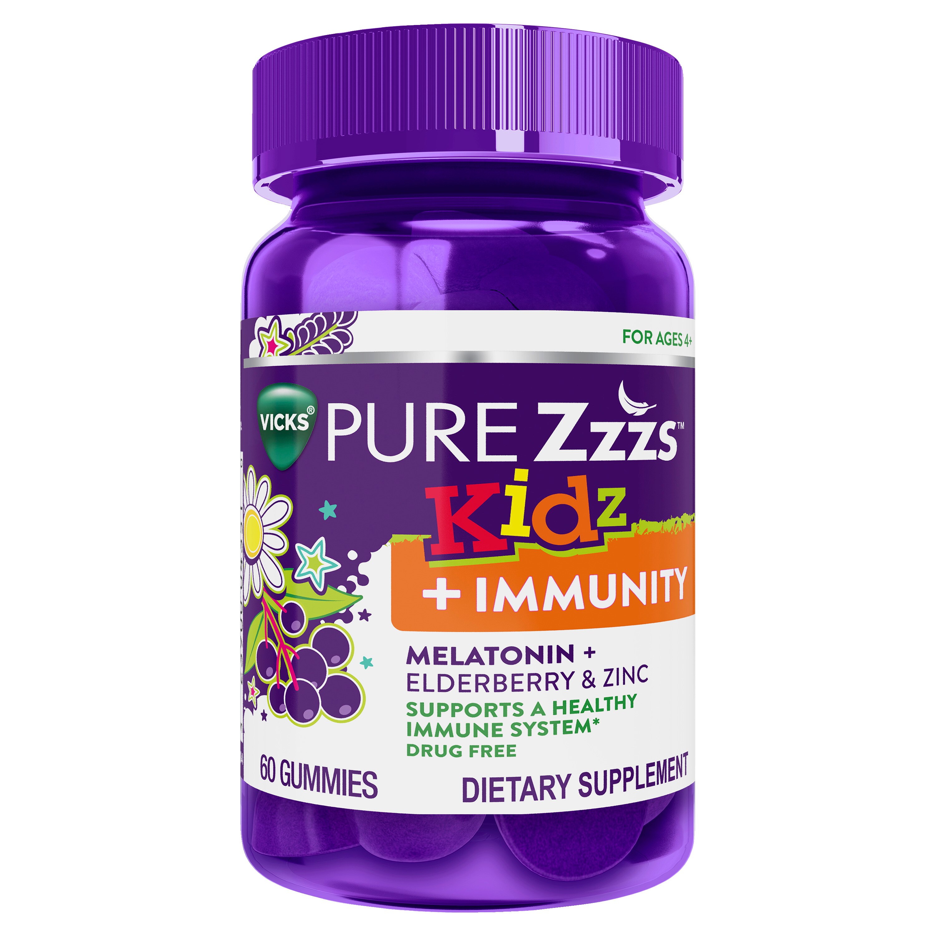 Vicks Pure Zzzs Kidz + Immunity Melatonin Sleep Aid Gummies, Natural Berry, 60 Ct , CVS