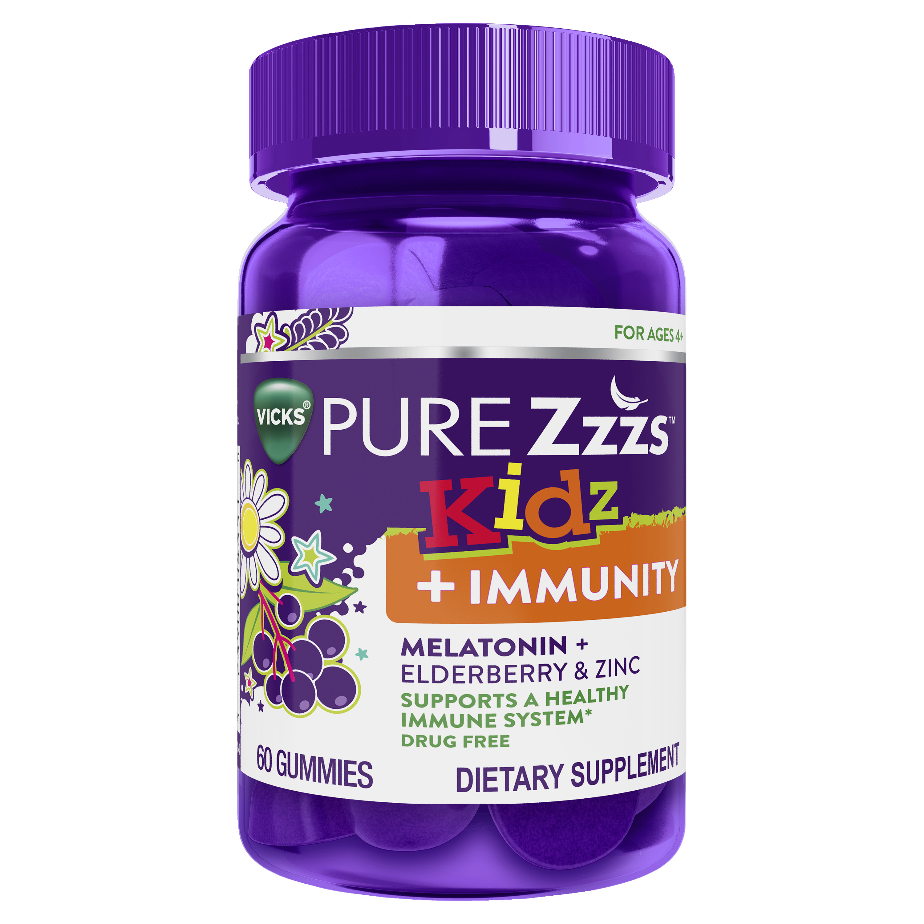 Pure Zzzs Kidz + Immunity Melatonin Sleep Aid Gummies, Natural Berry