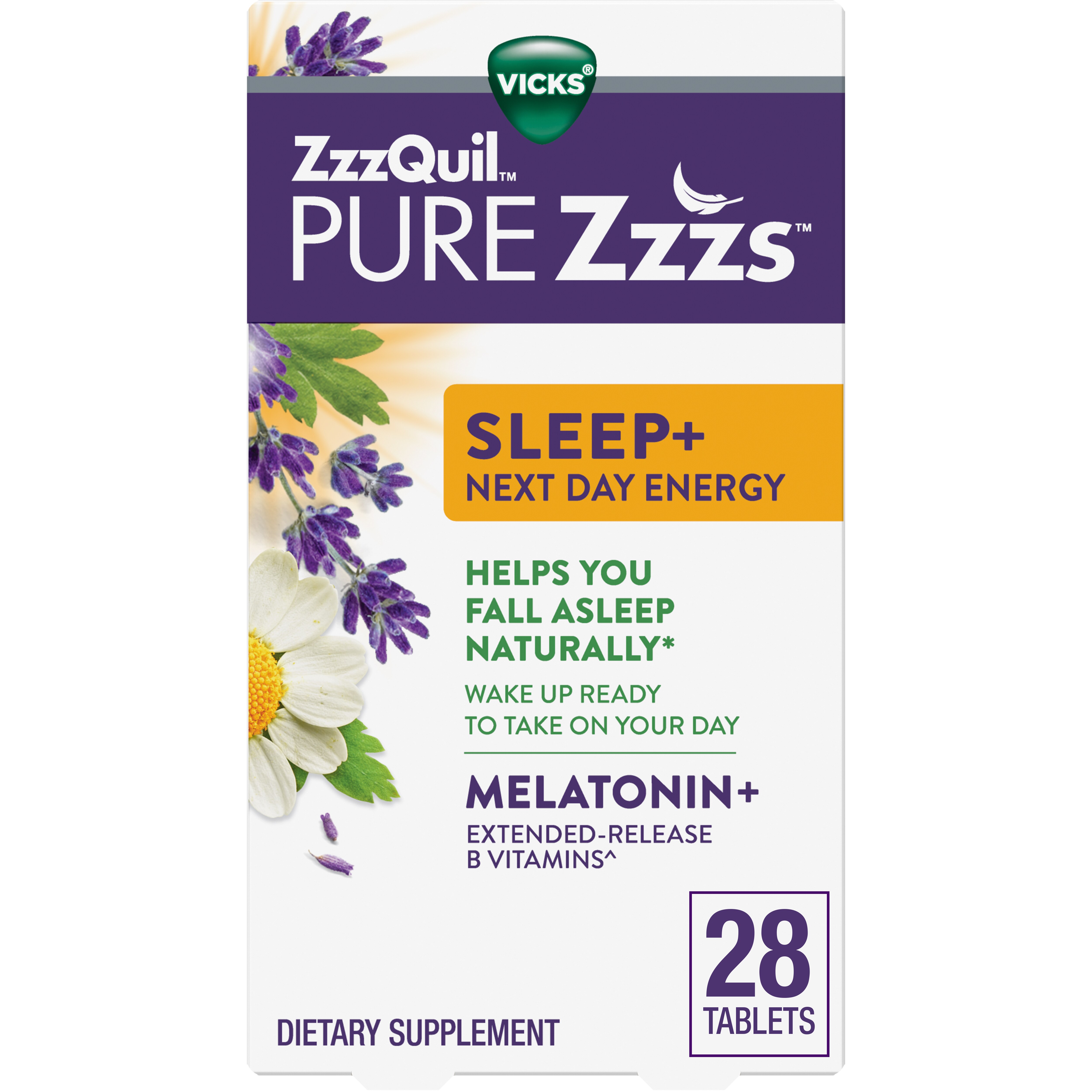 Vicks ZzzQuil PURE Zzzs Sleep+ Next Day Energy Extended Release Tablets, Immediate Release Melatonin, Extended Release B-Vitamins B1, B6, B12, 28 CT