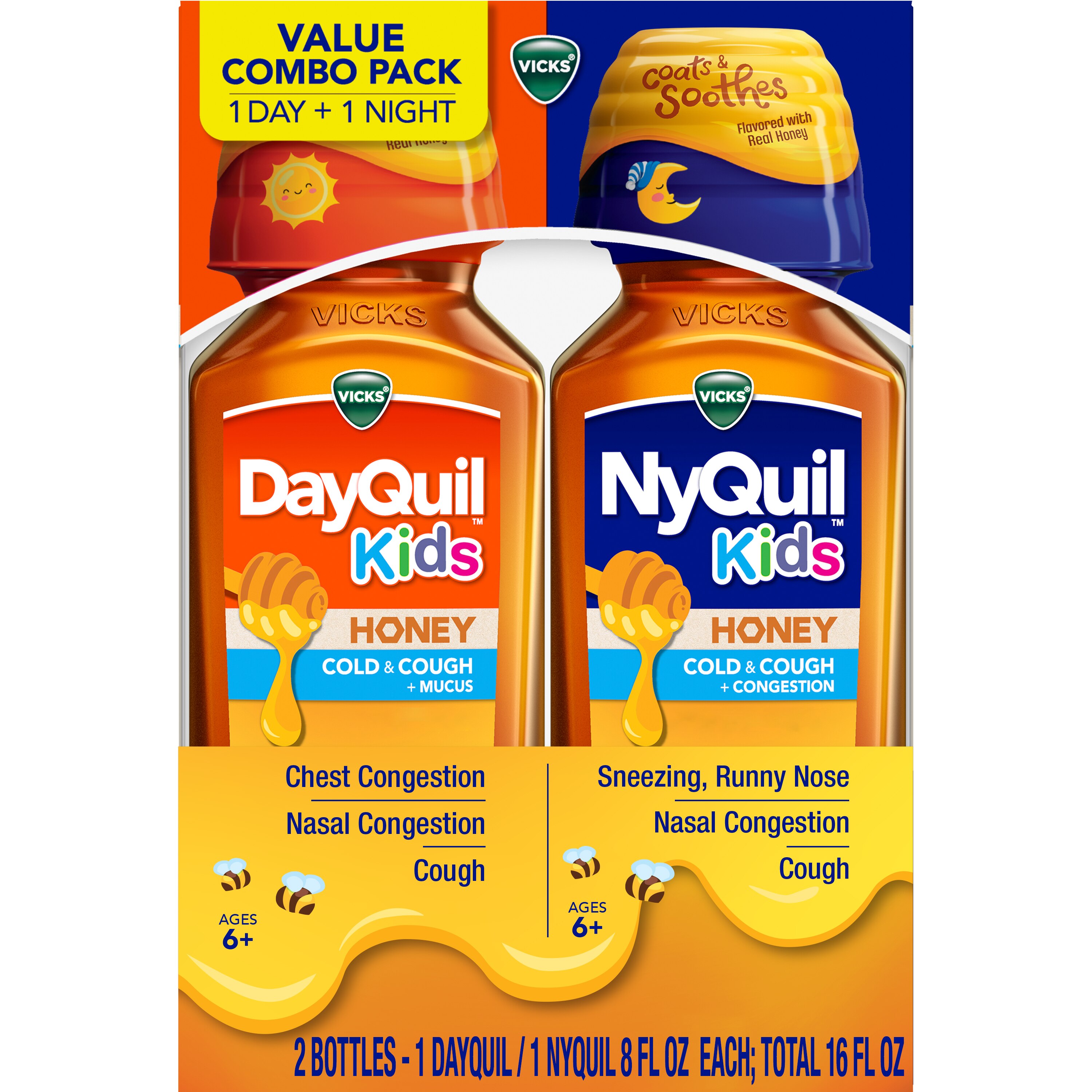 Vicks Kids NyQuil/DayQuil Honey Cold & Cough + Congestion Relief - Paquete combinado de jarabes pediátricos, 8 oz líq. c/u