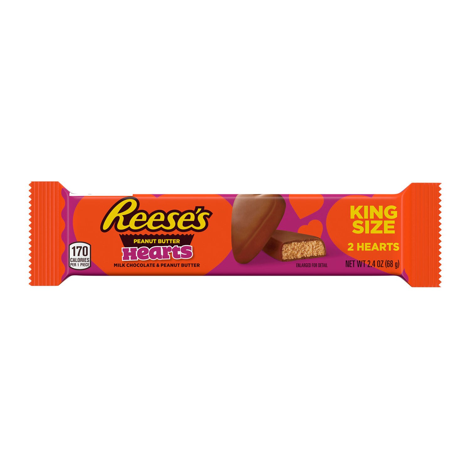 REESE'S Milk Chocolate Peanut Butter King Size Hearts Candy, Valentine's Day, 2.4 oz, Pack