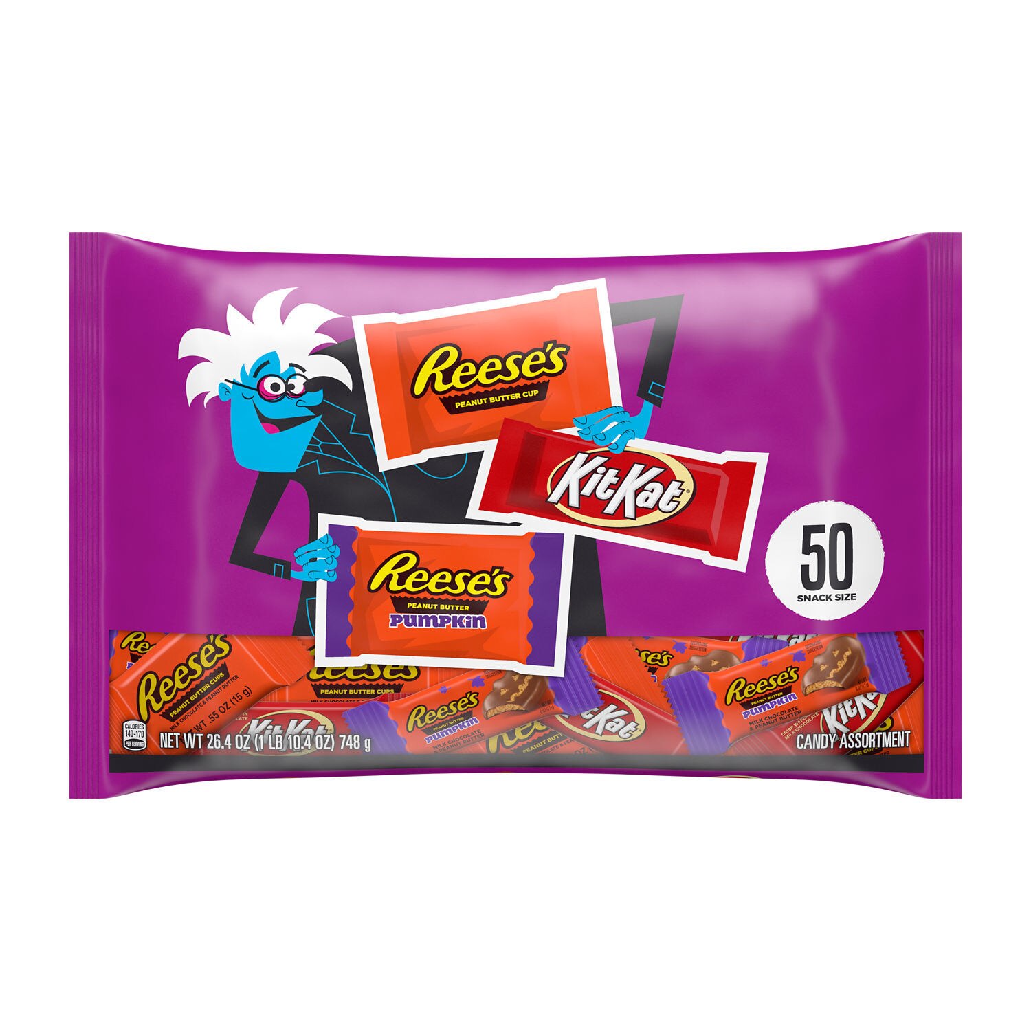 Hershey Assorted Milk Chocolate and Peanut Butter Flavors Snack Size, Halloween Candy Variety Bag, 50 ct, 26.40 oz