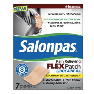 Salonpas Lidocaine 4% Pain Relieving FLEX Patch, Unscented, Stays in Place, 7 CT
