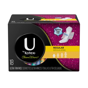 U by Kotex CleanWear Ultra Thin Pads with Wings, Regular, Fragrance-Free, 18 Count 