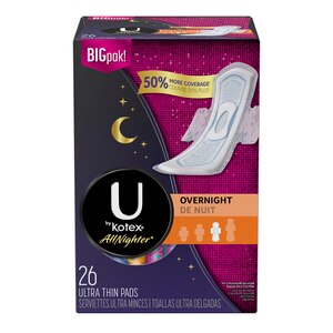  U by Kotex AllNighter Ultra Thin Overnight Pads with Wings, Fragrance-Free, 26 Count 