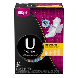 U by Kotex CleanWear Ultra Thin Pads with Wings, Regular, Fragrance-Free, 34 Count