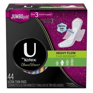  U by Kotex CleanWear Ultra Thin Heavy Flow Pads with Wings, Unscented, 44 Count 