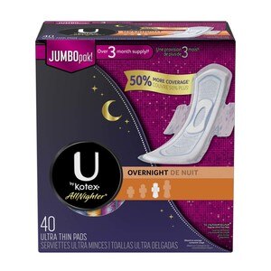  U by Kotex AllNighter Ultra Thin Overnight Pads with Wings, 40CT 