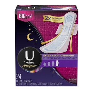 U by Kotex AllNighter Ultra Thin Overnight Pads with Wings, Unscented, 24 CT