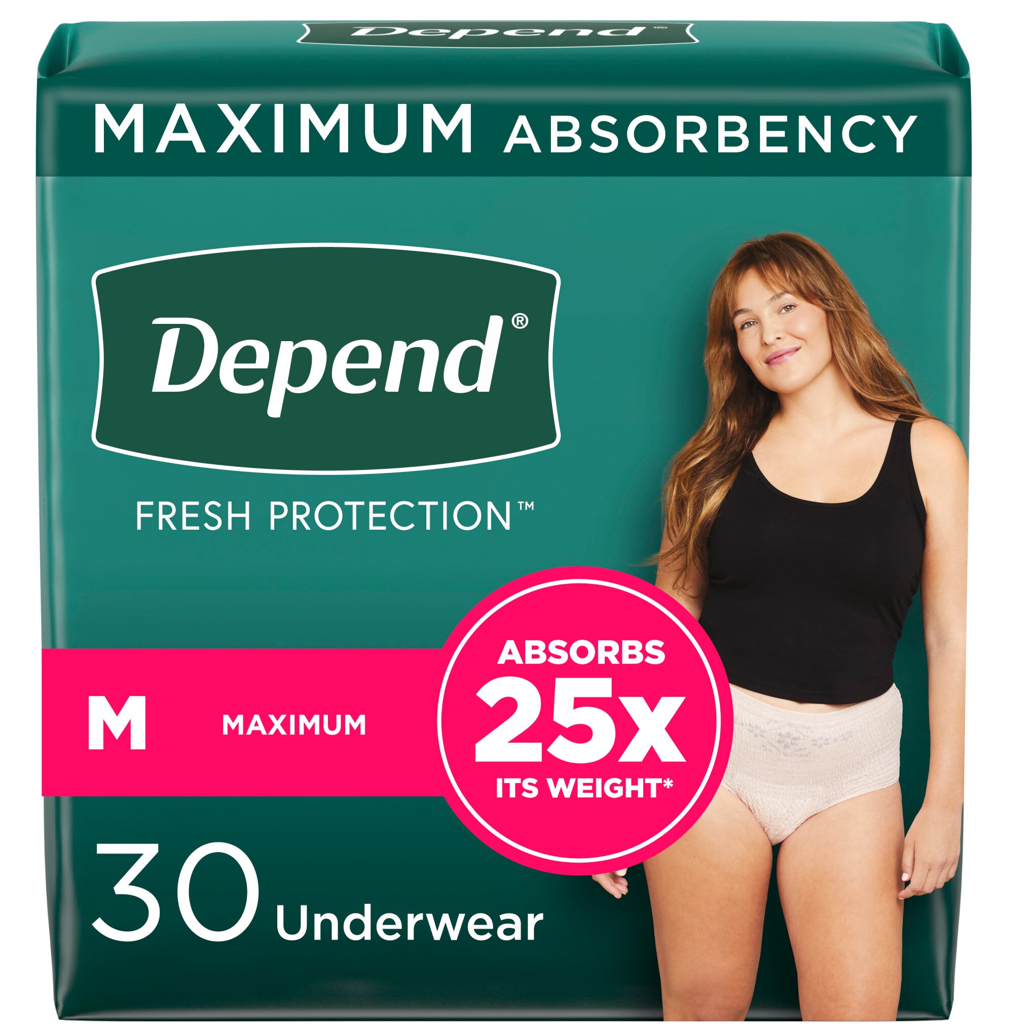 Depend FIT-FLEX - Ropa interior femenina para la incontinencia, Maximum Absorbency, M, Blush, 30 u.
