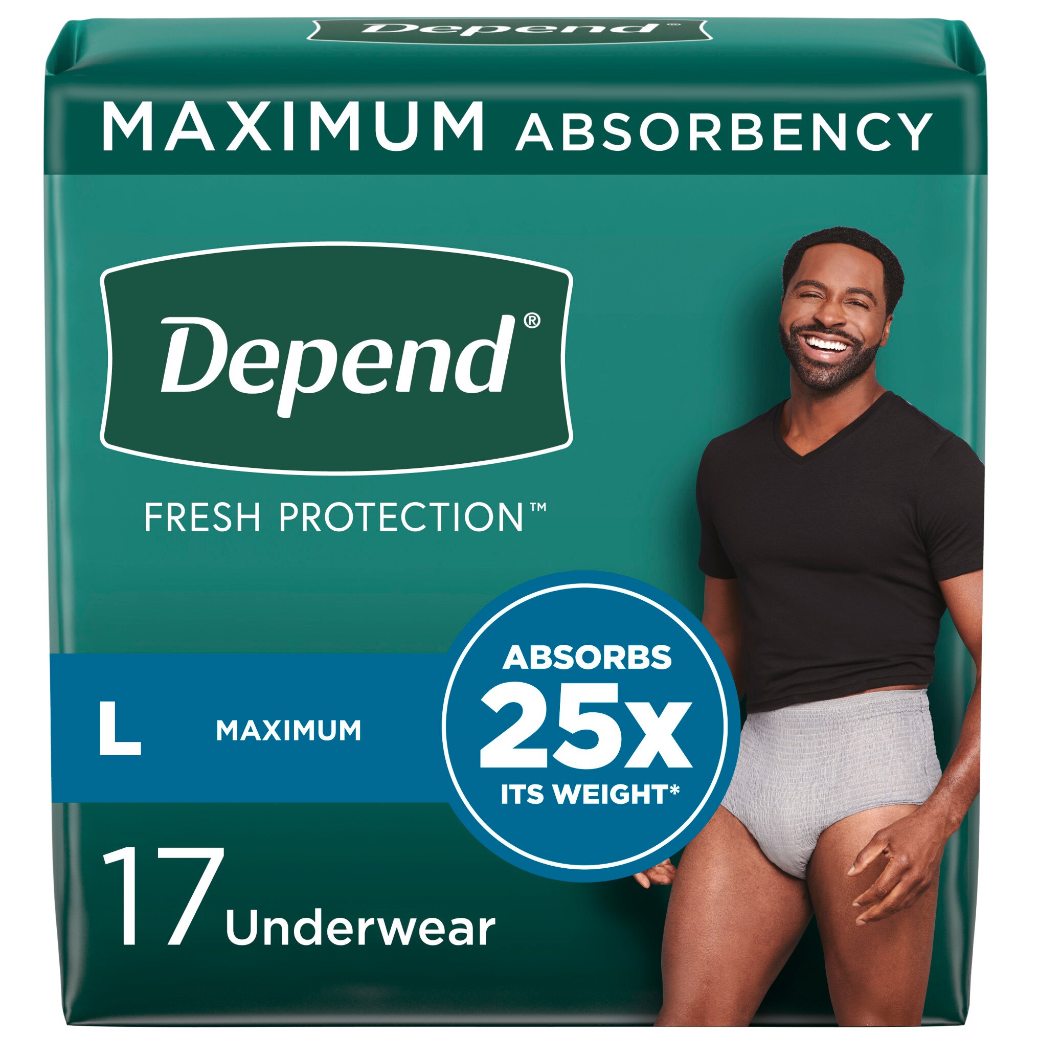 Depend FIT-FLEX Incontinence Underwear for Men, Maximum Absorbency, Size Large, Gray, 17 CT