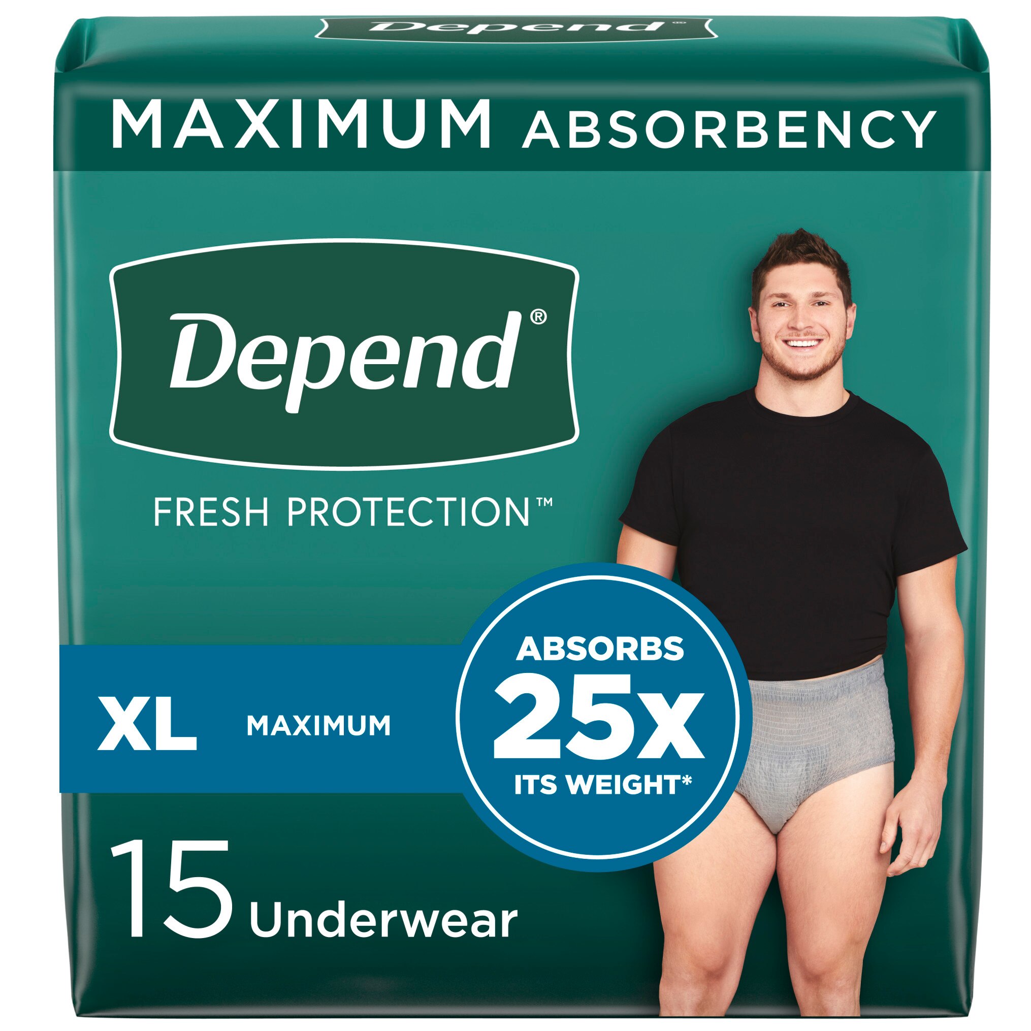 Depend FIT-FLEX Incontinence Underwear for Men, Maximum Absorbency, XL, Grey, 15 Count