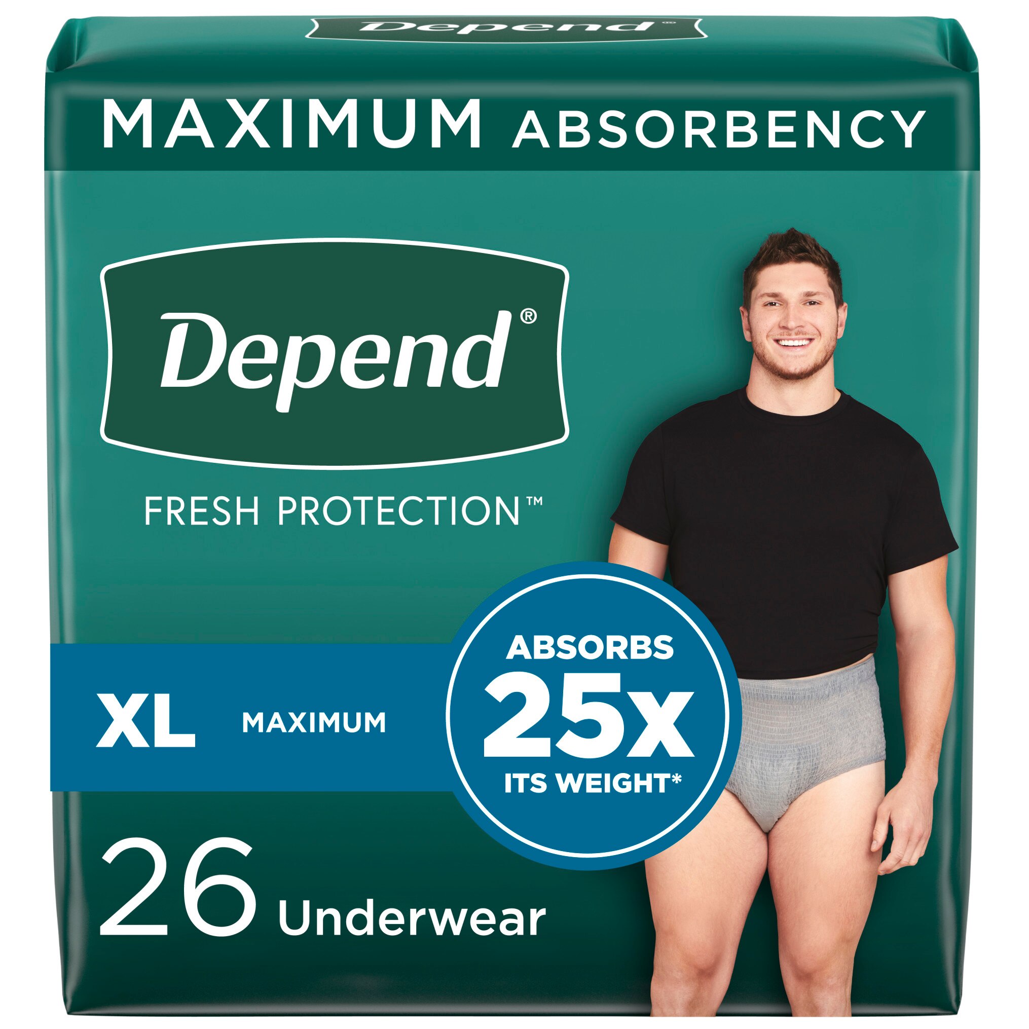Depend FIT-FLEX - Ropa interior masculina para la incontinencia, Maximum Absorbency, XL, gris, 26 u.